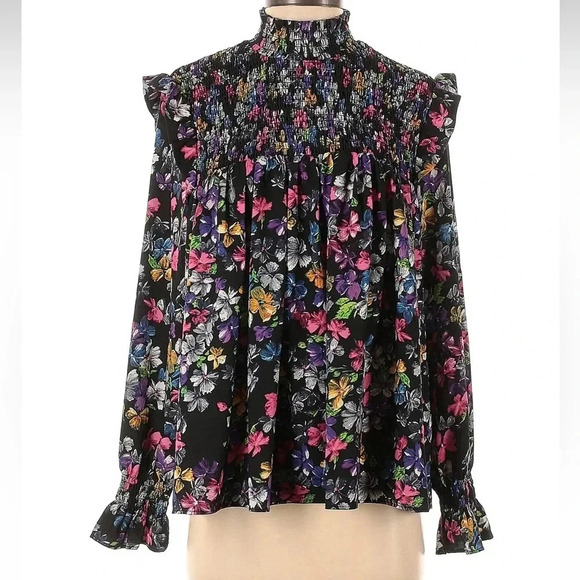 FRENCH CONNECTION Alianna Black Ruffled Floral Blouse Long Sleeve Size Small S - Picture 2 of 6